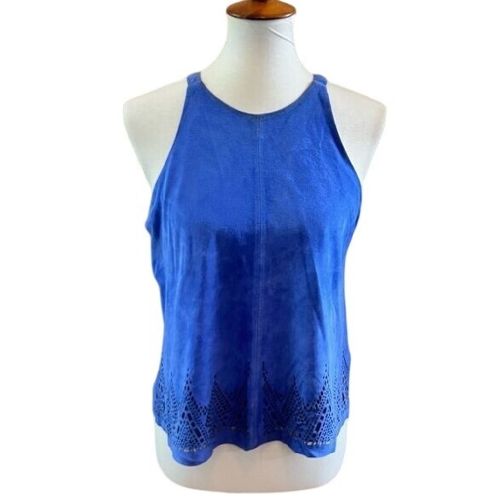Parker Blue Suede Halter‎ Top Laser Cut Hem Sleeveless Camisole Blouse Cowgirl